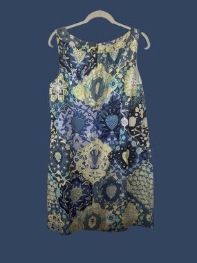 Talbots Sleeveless Shift Dress in Blue and Yellow Floral Medallion